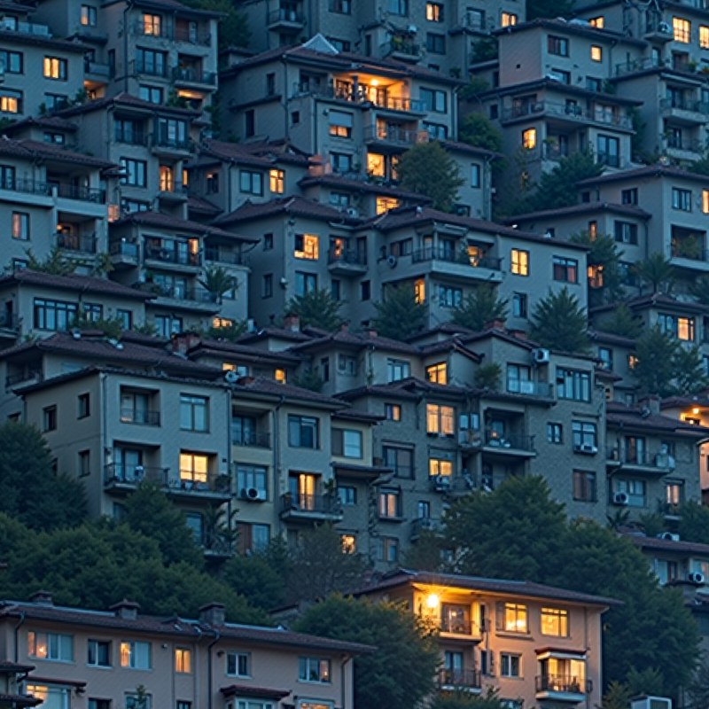 A 800 by 800 pixel window of the same image at full resolution: lit windows and balconies