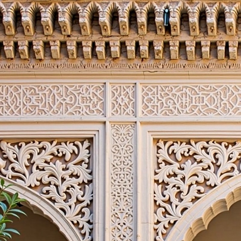 A 800 by 800 pixel window of the same image at full resolution: carved stucco and muqarnas