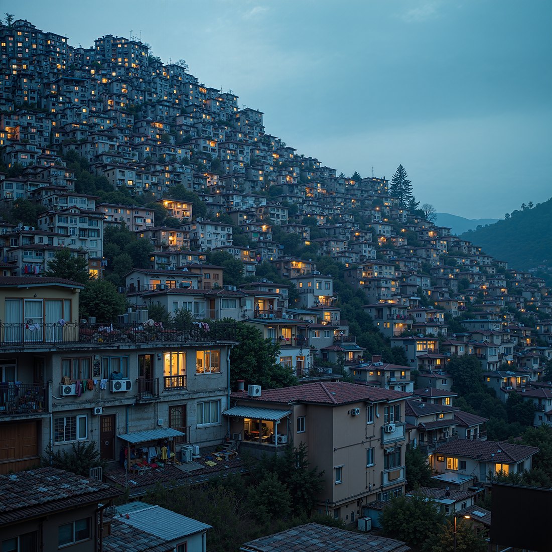 HRDiT at 4096 by 4096: A dense hillside city at dusk, thousands of lit apartment windows stacked up the slope, laundry and air conditioners on the balconies