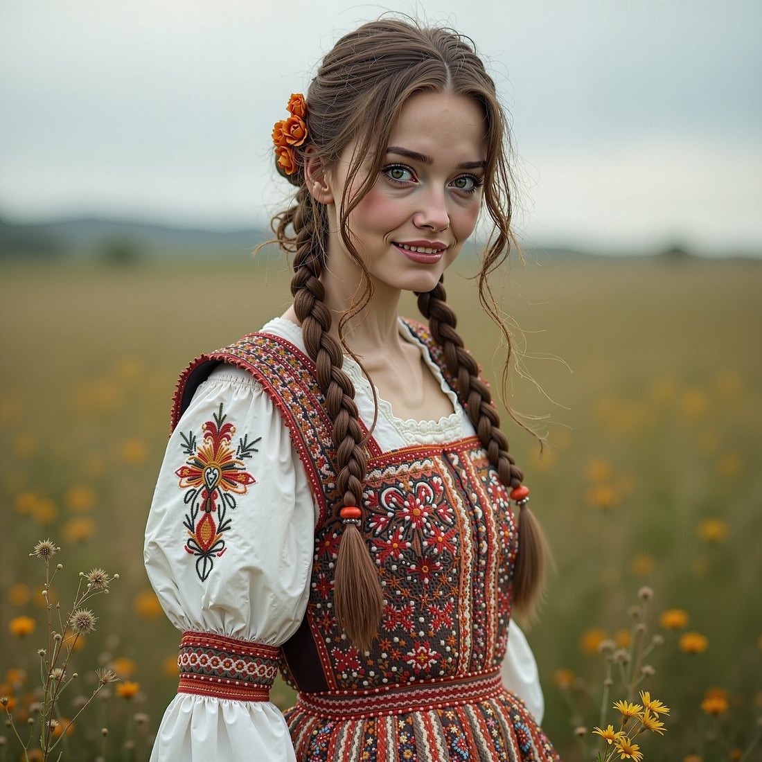 HRDiT at 4096 by 4096: A young woman in an embroidered folk costume standing in a summer field, dense threadwork and beading, soft overcast light
