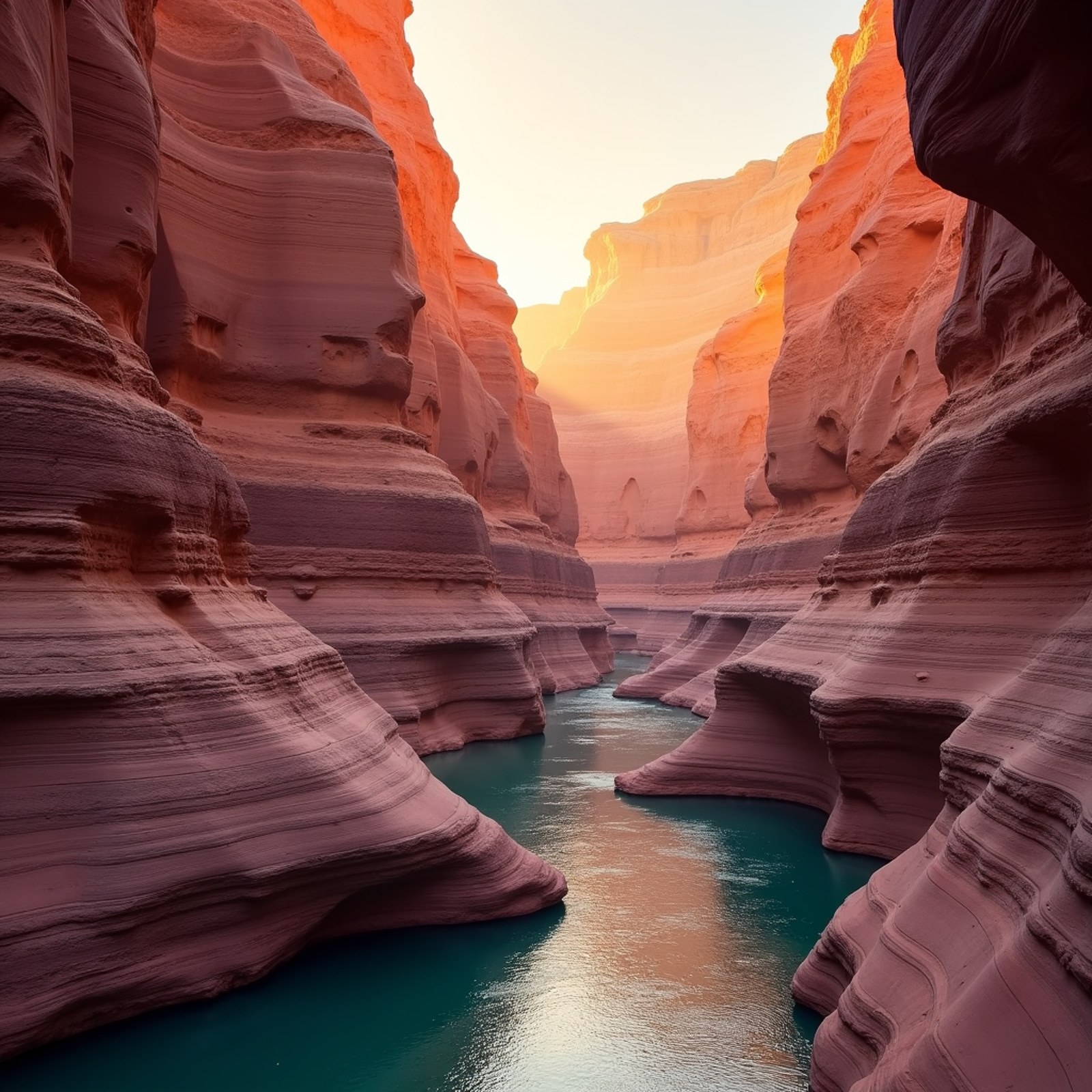Stock FLUX.1-dev at 1024 by 1024, enlarged: A desert canyon at golden hour, layered sandstone walls in orange and violet, a narrow green river far below