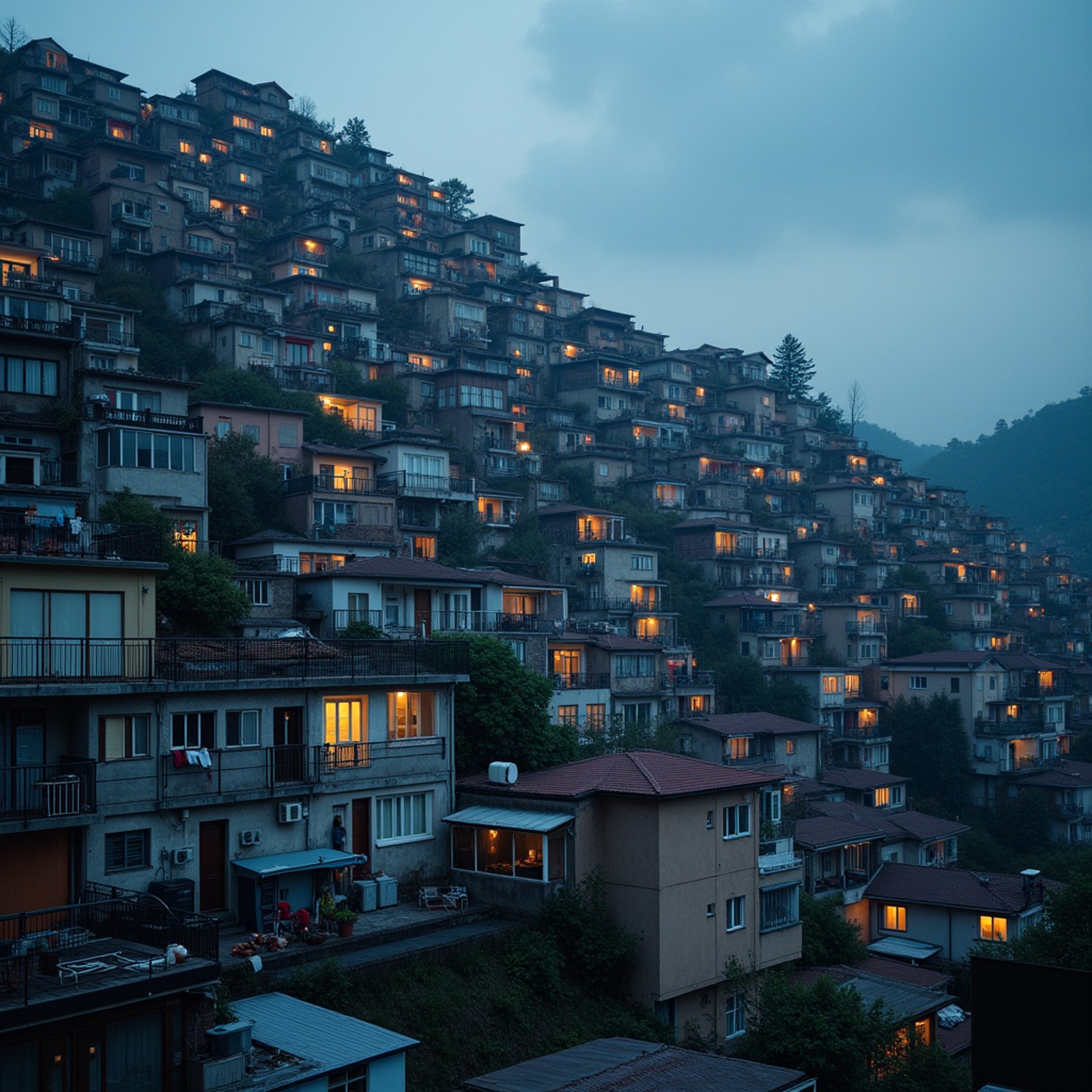 Stock FLUX.1-dev at 1024 by 1024, enlarged: A dense hillside city at dusk, thousands of lit apartment windows stacked up the slope, laundry and air conditioners on the balconies