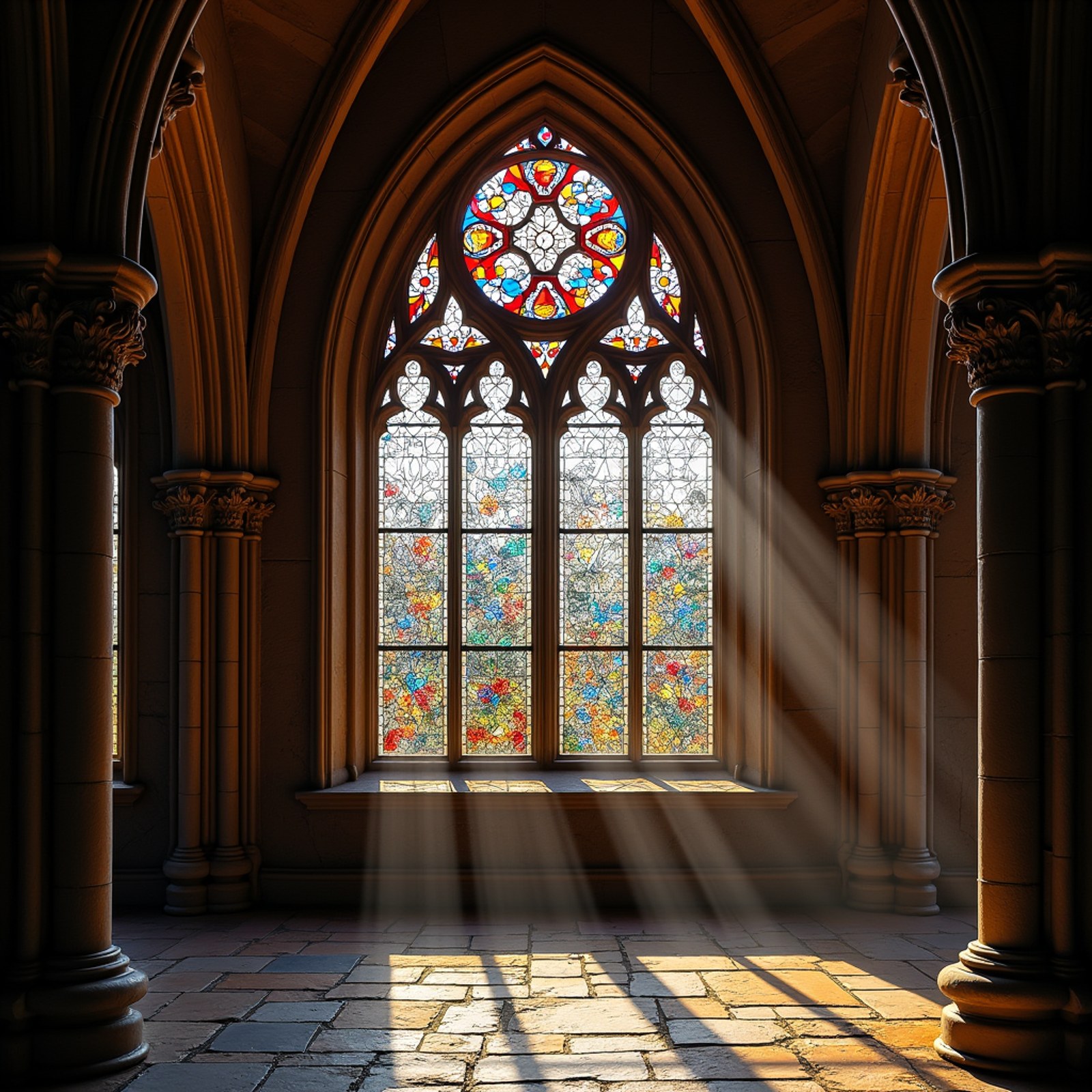 Stock FLUX.1-dev at 1024 by 1024, enlarged: A Gothic cathedral rose window seen from inside, stained glass throwing coloured light across worn stone flagstones