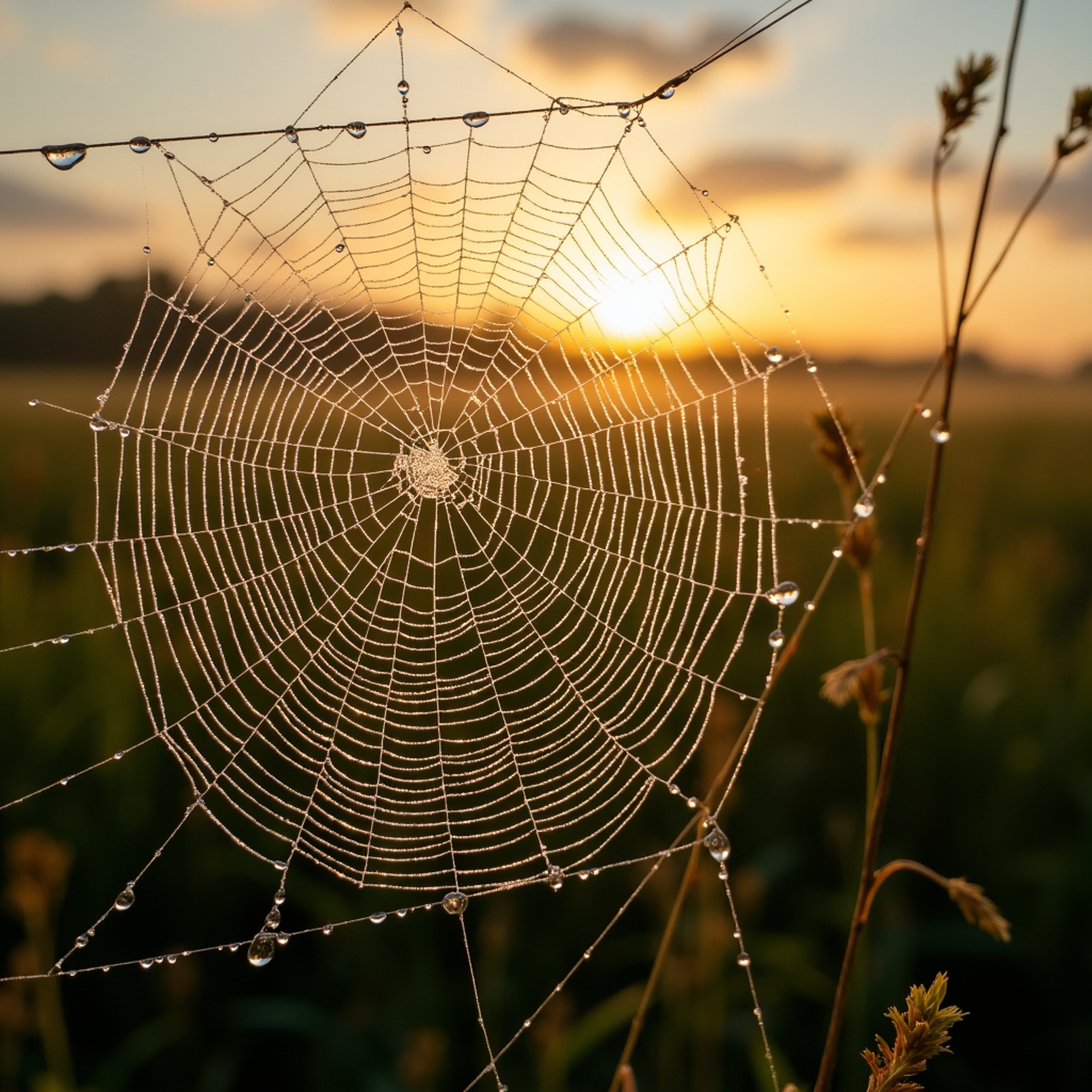 Stock FLUX.1-dev at 1024 by 1024, enlarged: A spiderweb strung with dew at sunrise, each droplet holding an inverted image of the meadow behind