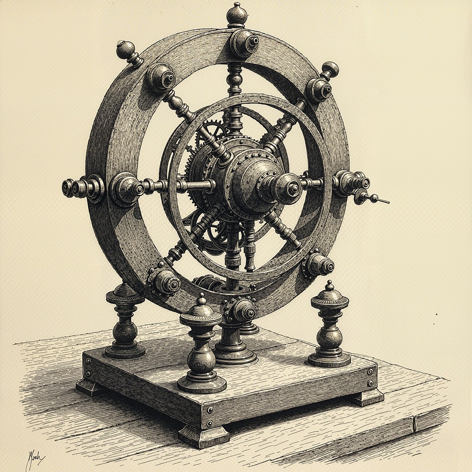HRDiT at 4096 by 4096: A fine ink drawing of a brass clockwork orrery, dense crosshatching, gears and rings casting shadow on a wooden desk