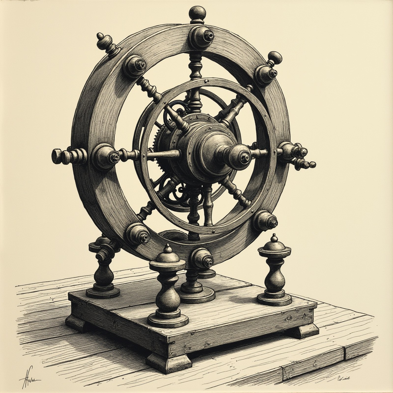 Stock FLUX.1-dev at 1024 by 1024, enlarged: A fine ink drawing of a brass clockwork orrery, dense crosshatching, gears and rings casting shadow on a wooden desk