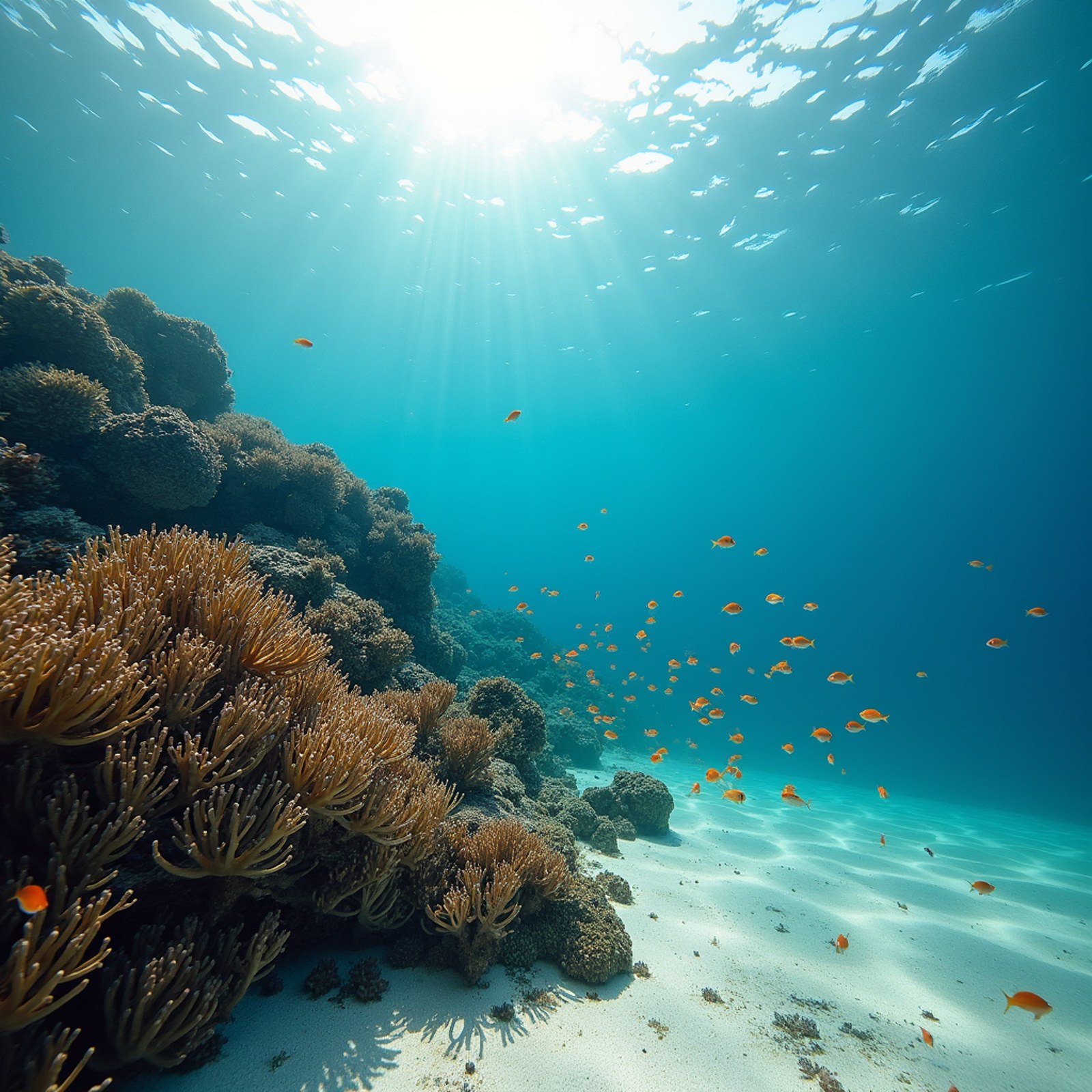 Stock FLUX.1-dev at 1024 by 1024, enlarged: A coral reef in clear shallow water, branching corals and anemones, a school of small orange fish, sunlight rippling on the sand