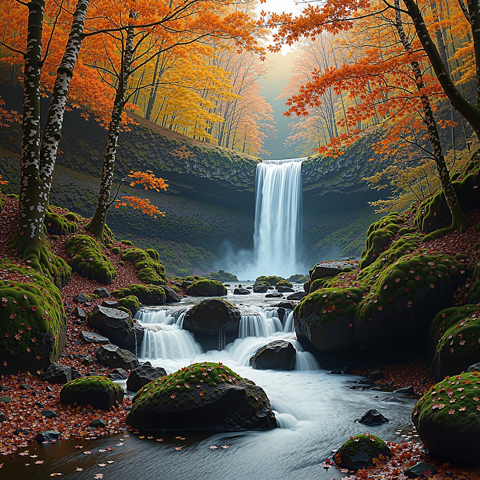 HRDiT at 4096 by 4096: An autumn gorge with a waterfall, wet mossy boulders, birch and maple in full colour, low sunlight through the canopy