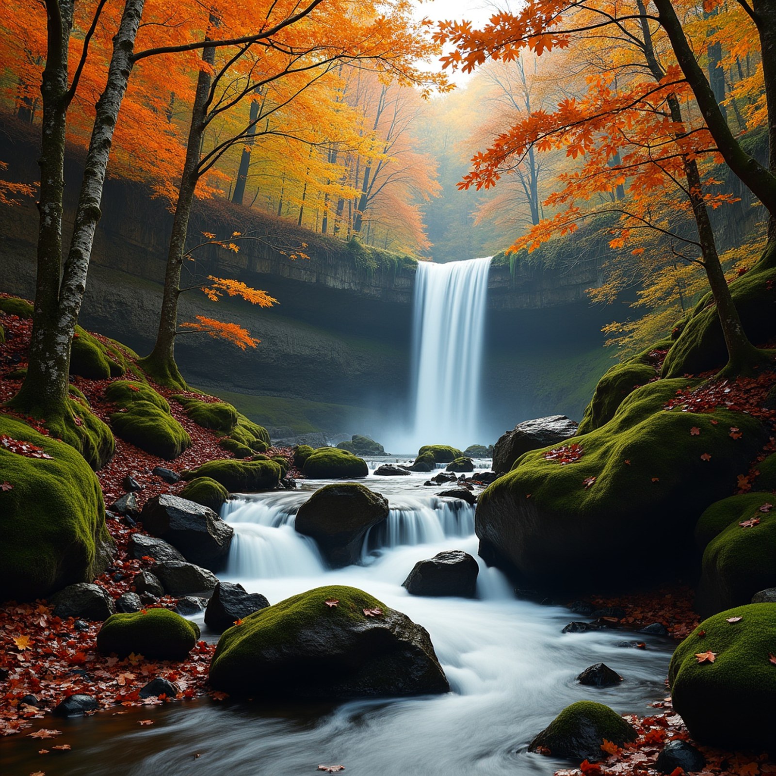 Stock FLUX.1-dev at 1024 by 1024, enlarged: An autumn gorge with a waterfall, wet mossy boulders, birch and maple in full colour, low sunlight through the canopy