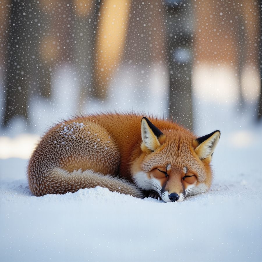 A red fox curled asleep in fresh powder snow, individual guard hairs catching low winter sun, birch trunks blurred behind