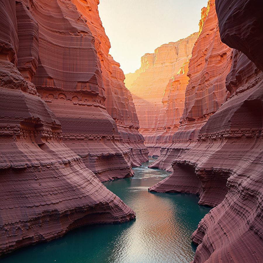 A desert canyon at golden hour, layered sandstone walls in orange and violet, a narrow green river far below