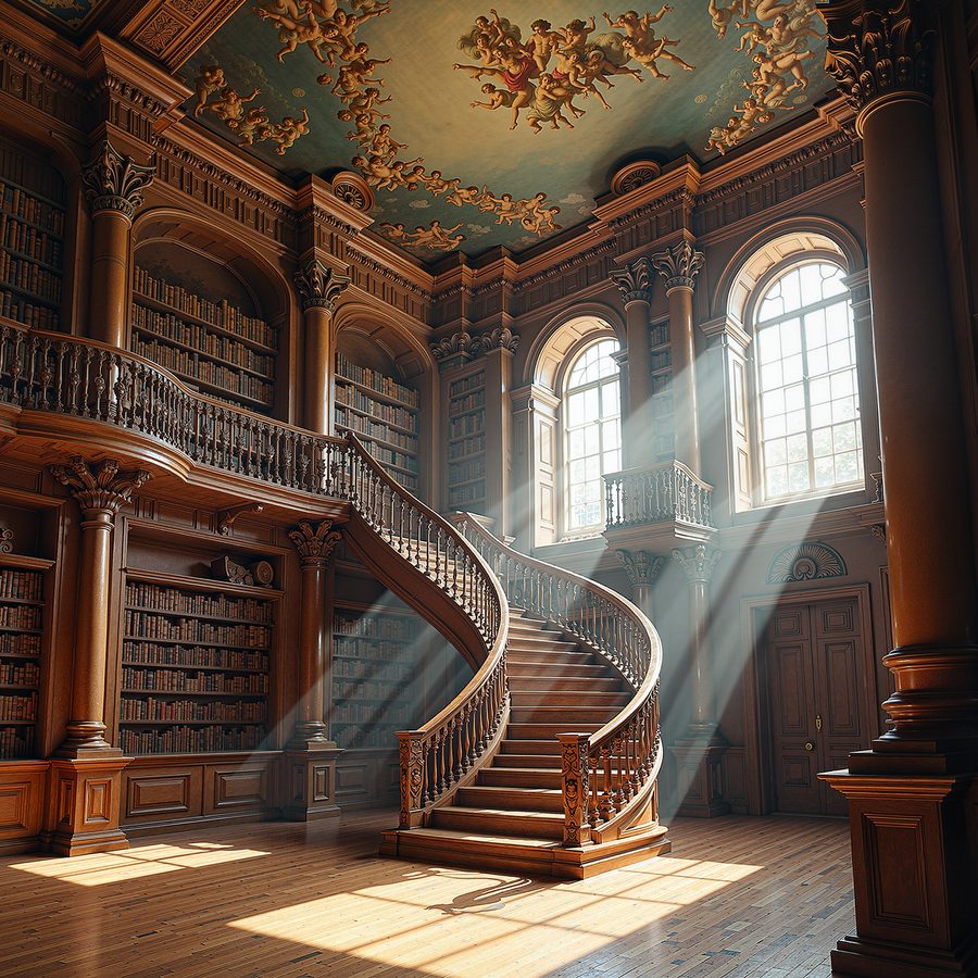 The interior of a baroque library hall, carved walnut galleries and spiral stairs, a painted ceiling fresco, sunlight through tall arched windows