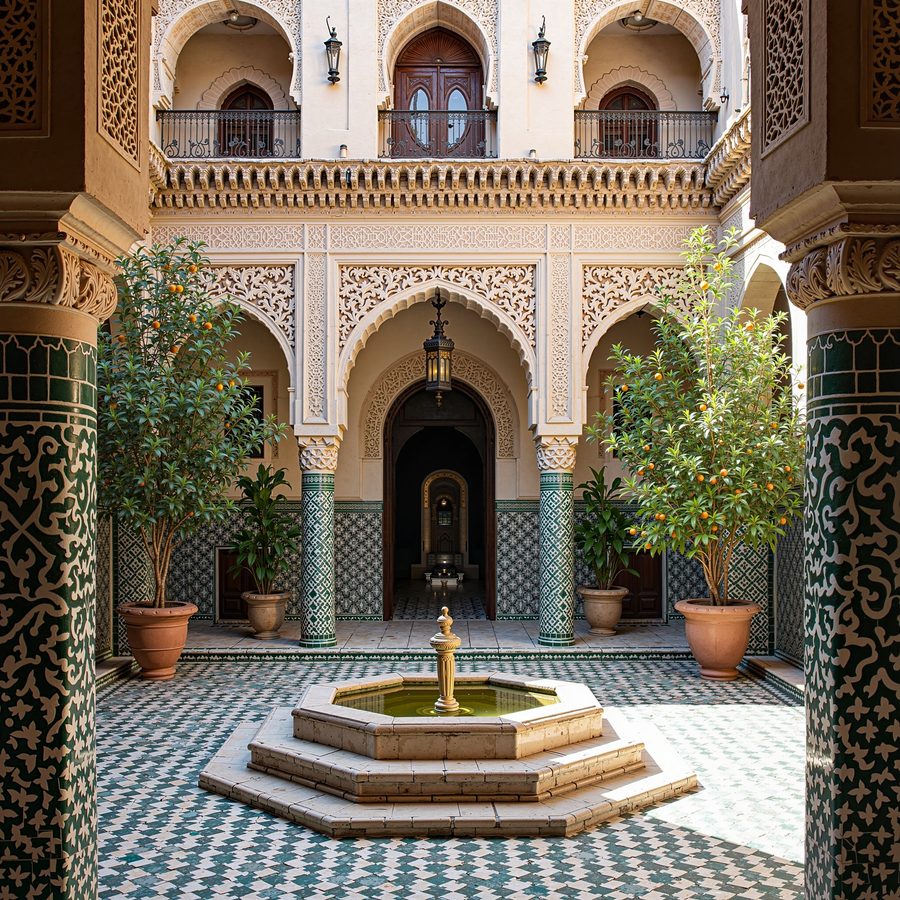 A Moroccan riad courtyard at midday, intricate zellige tilework, carved stucco arches, a still fountain and orange trees