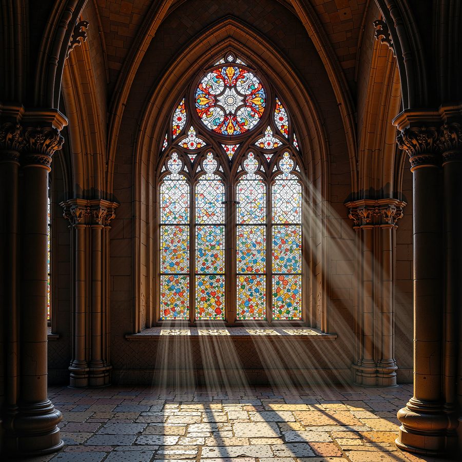 A Gothic cathedral rose window seen from inside, stained glass throwing coloured light across worn stone flagstones