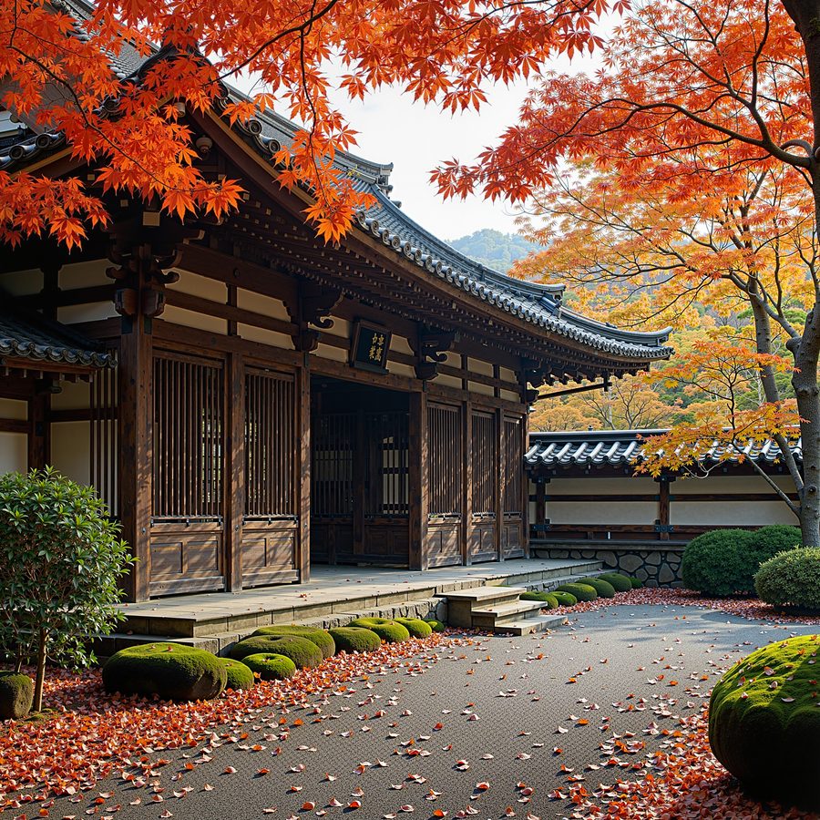 A Japanese temple in autumn, moss garden and raked gravel, maple leaves on the ground, fine wooden joinery under deep eaves