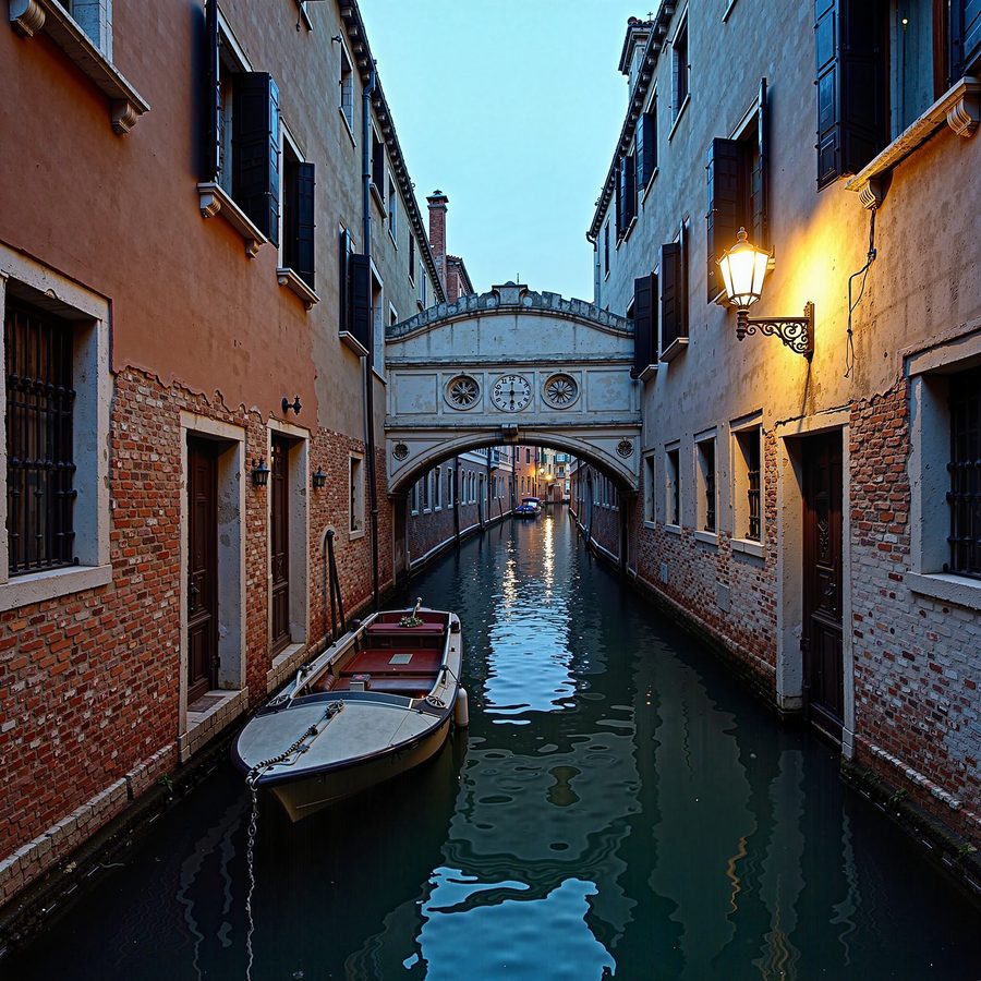 A narrow Venetian canal at blue hour, weathered plaster facades, lamplight on the water, a moored boat under a stone bridge