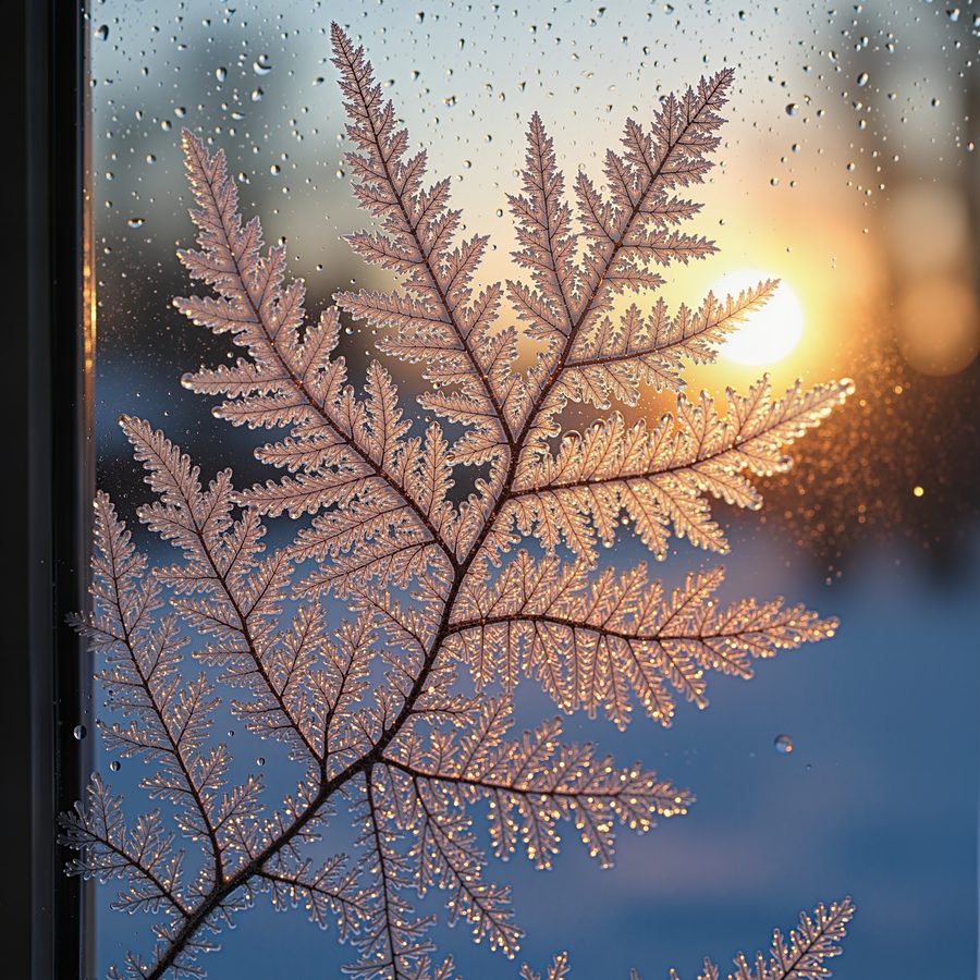 Fern-shaped frost crystals spreading across a window pane at sunrise, warm light refracting through the ice