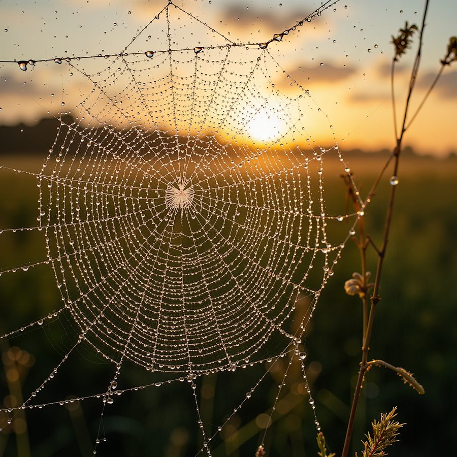 A spiderweb strung with dew at sunrise, each droplet holding an inverted image of the meadow behind