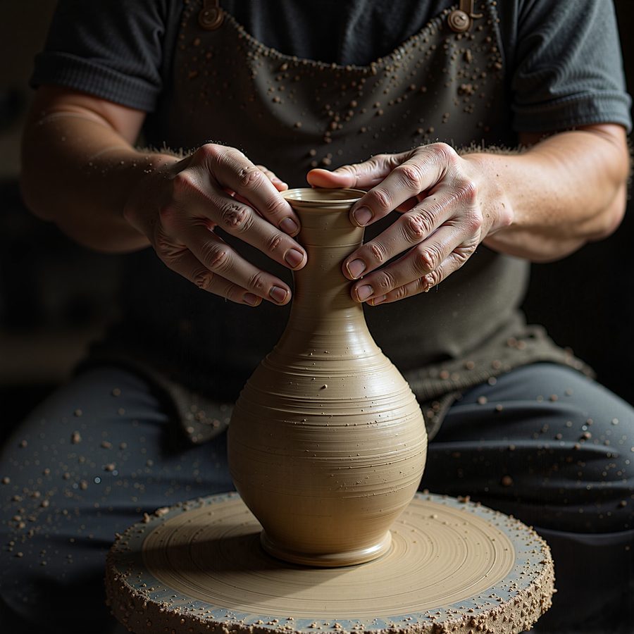An elderly potter's hands shaping a tall vessel on a wheel, wet clay ridged under the fingers, dim workshop light