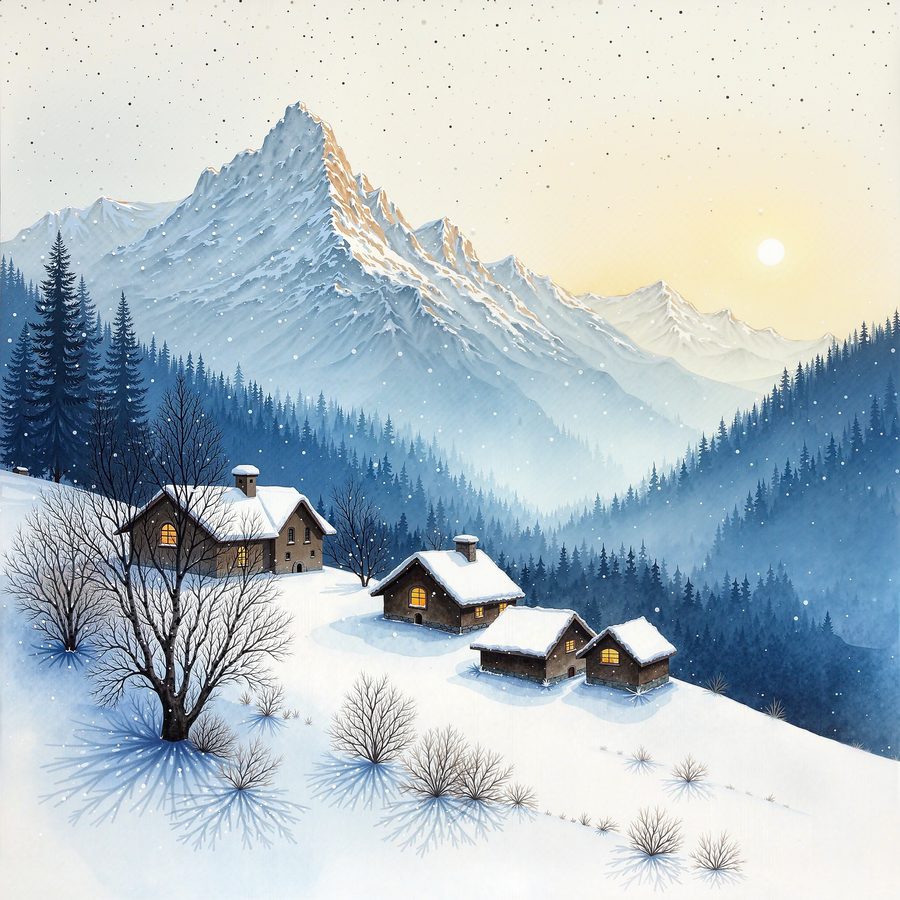 A watercolour of a mountain village under snow, soft graded washes and visible paper grain, muted blues and warm window light