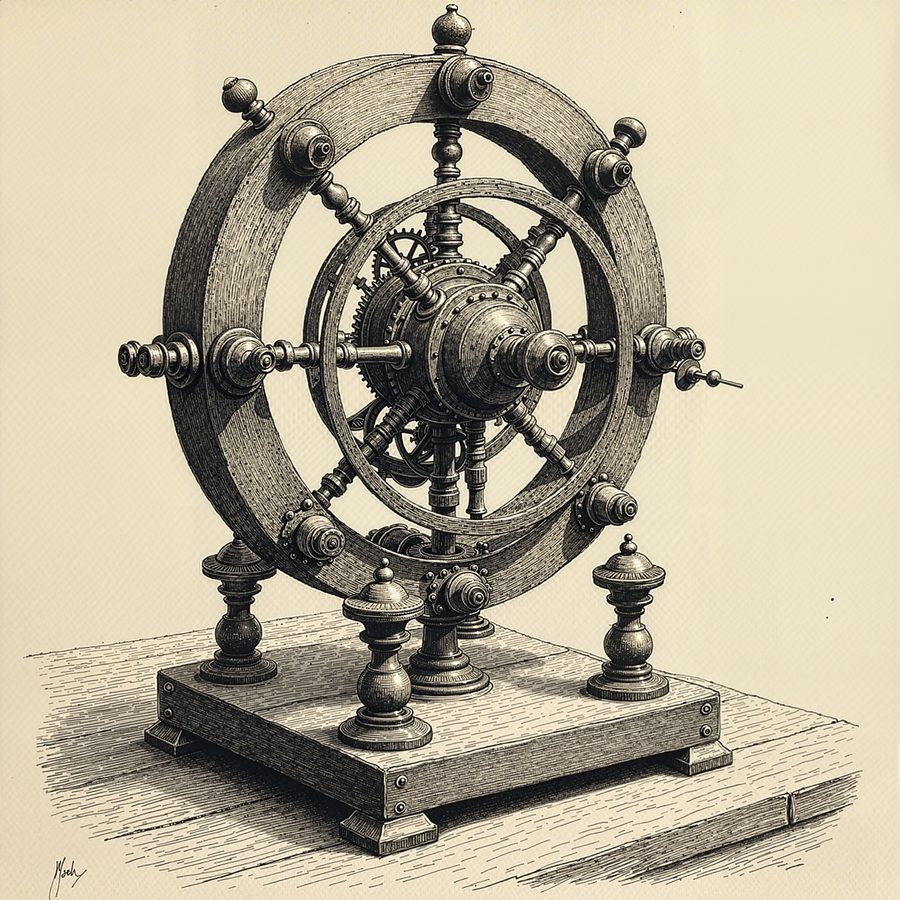 A fine ink drawing of a brass clockwork orrery, dense crosshatching, gears and rings casting shadow on a wooden desk