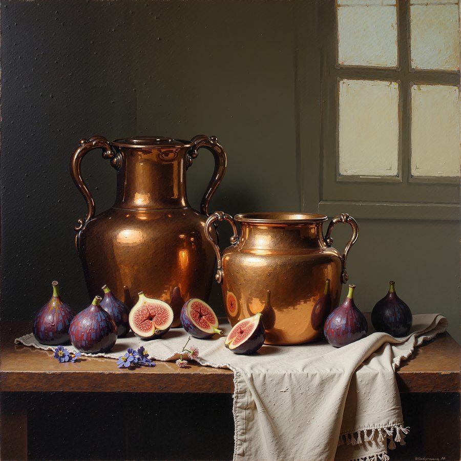 An oil still life of copper pots, figs and a linen cloth on a dark table, thick visible brushwork, single window light
