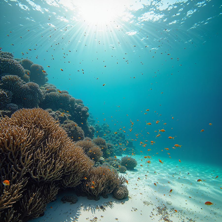 A coral reef in clear shallow water, branching corals and anemones, a school of small orange fish, sunlight rippling on the sand