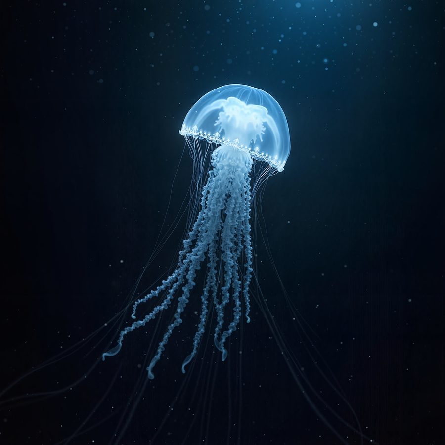 A translucent jellyfish drifting in dark water, trailing tentacles catching a single beam of light