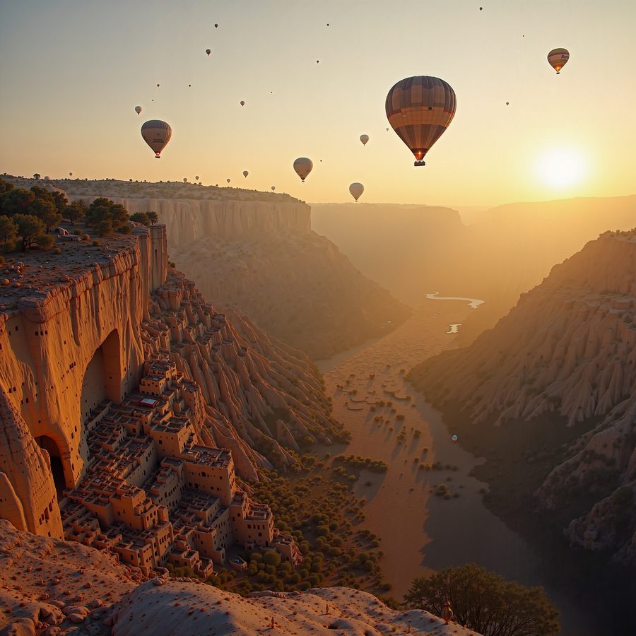 Hot air balloons rising over an eroded volcanic valley at sunrise, cave dwellings cut into the rock, long shadows