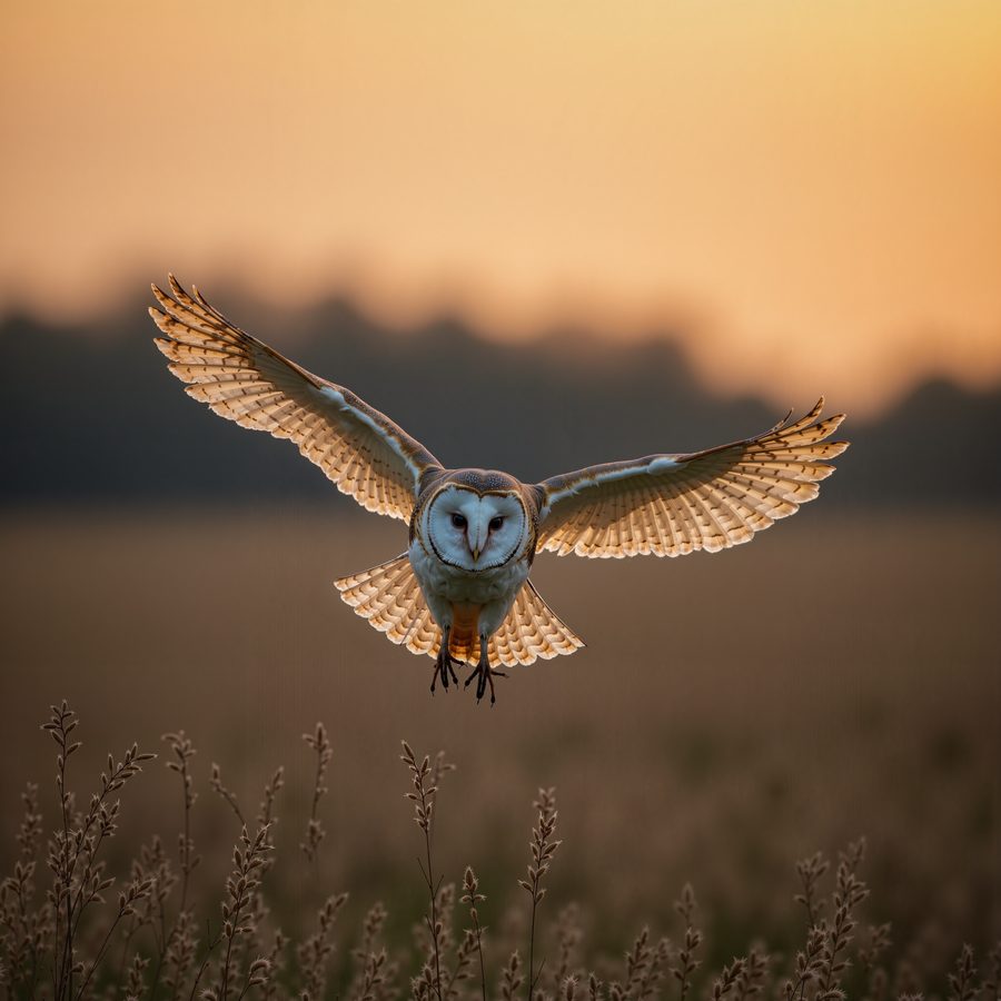 A barn owl gliding low over a meadow at dusk, wing feathers spread and translucent, soft grasses beneath