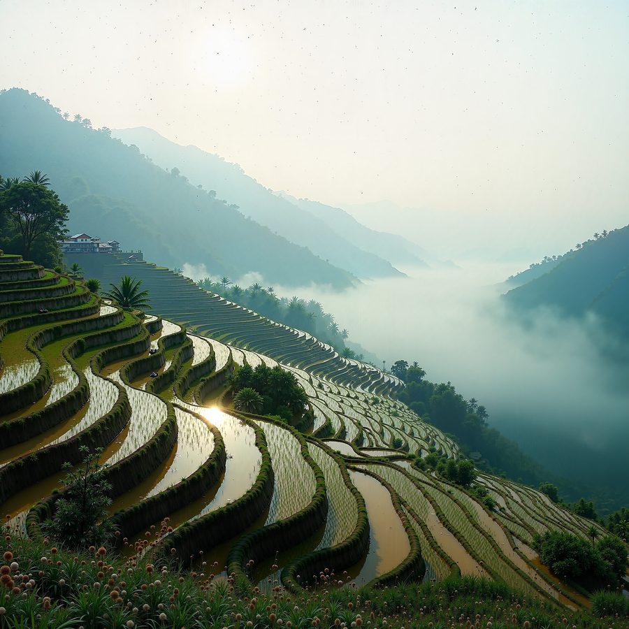 Terraced rice fields on a mountainside at dawn, mist lying between the ridges, flooded terraces mirroring a pale sky