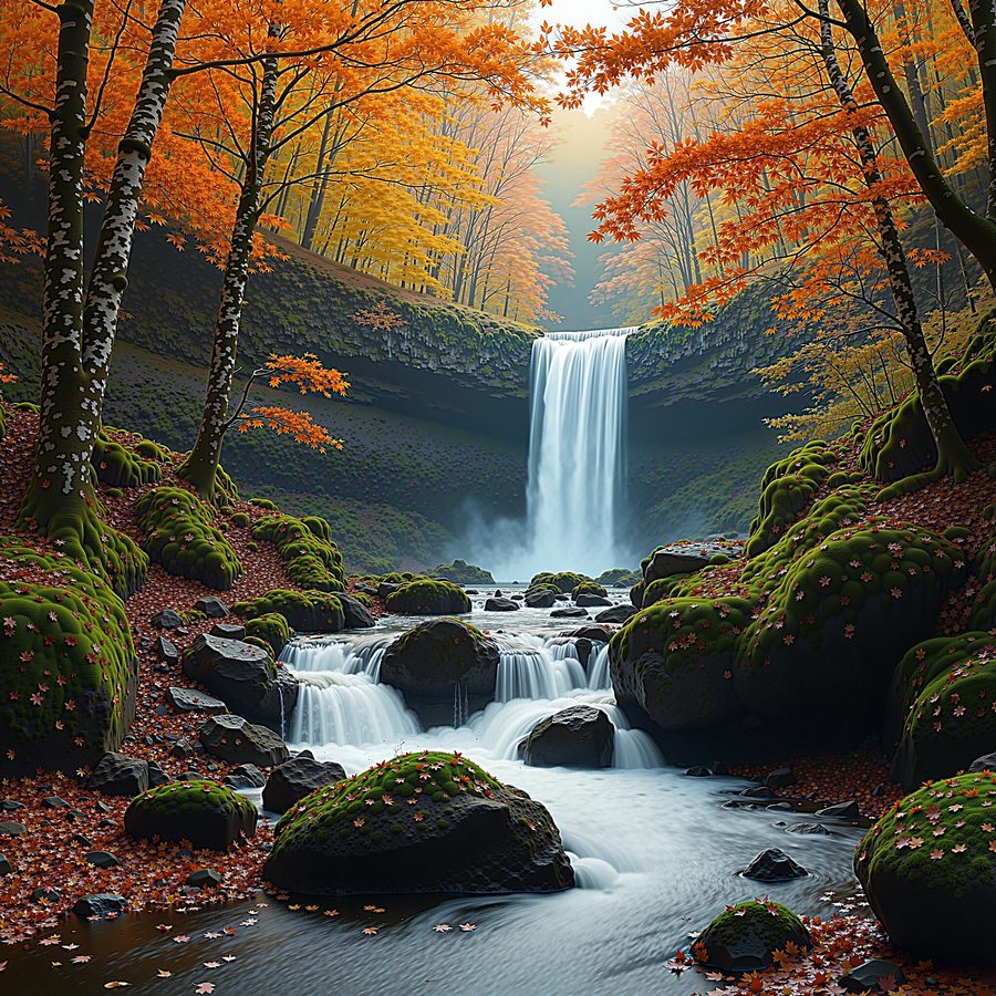 An autumn gorge with a waterfall, wet mossy boulders, birch and maple in full colour, low sunlight through the canopy