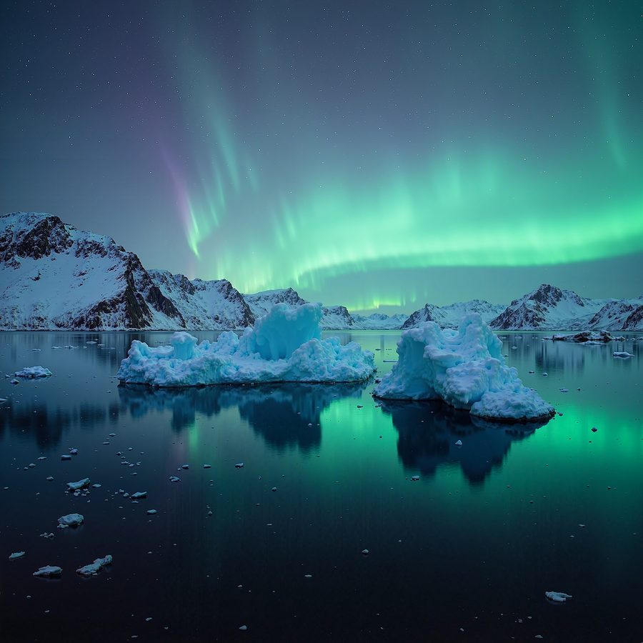 Icebergs in a still arctic bay beneath the aurora, green and violet light reflected in black water, snow-covered peaks